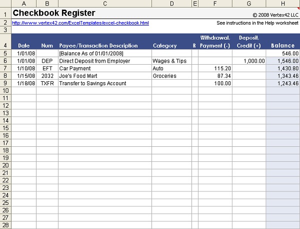 Checkbook For Excel 703